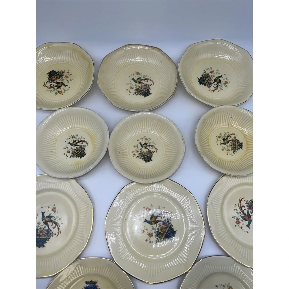 Lot Of 11 Antique Ivory Salem 1927 Yellow Plates & Bowl‎ Floral Bird of Paridise